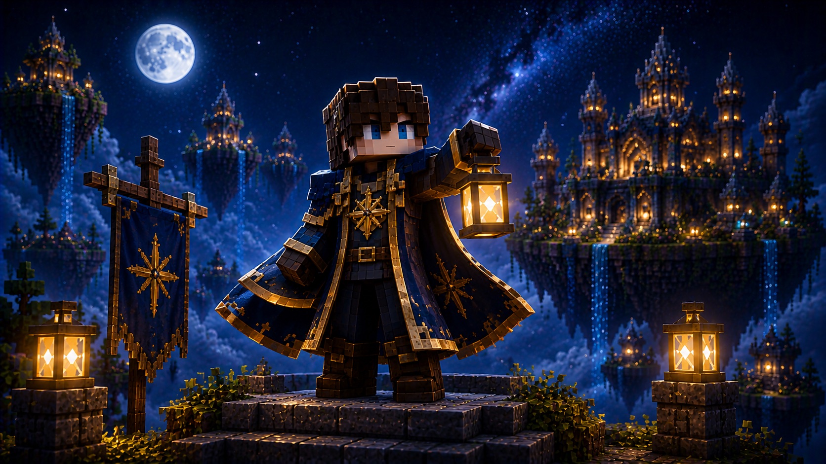 Asteria Skyblock Founder character holding a lantern with celestial floating islands behind them