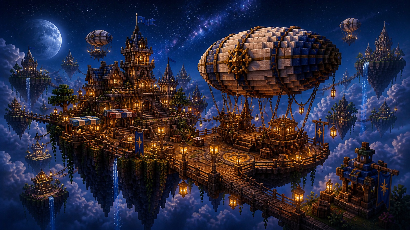 A celestial floating market hub with lanterns, banners, bridges, and an airship