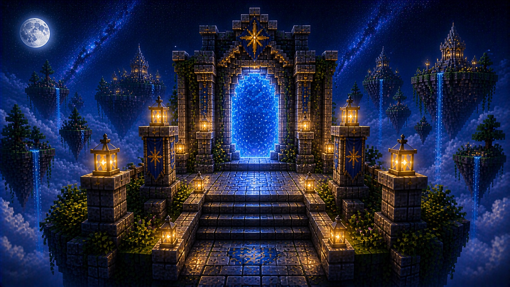 A glowing portal gateway on a floating Asteria Skyblock island